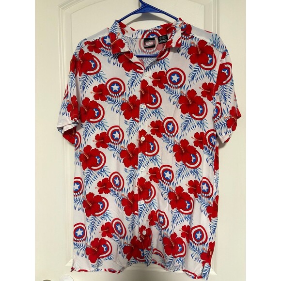 Marvel CAPTAIN AMERICA Avengers Hawaiian Button-Down Shirt Men's Medium EUC. - Picture 1 of 3